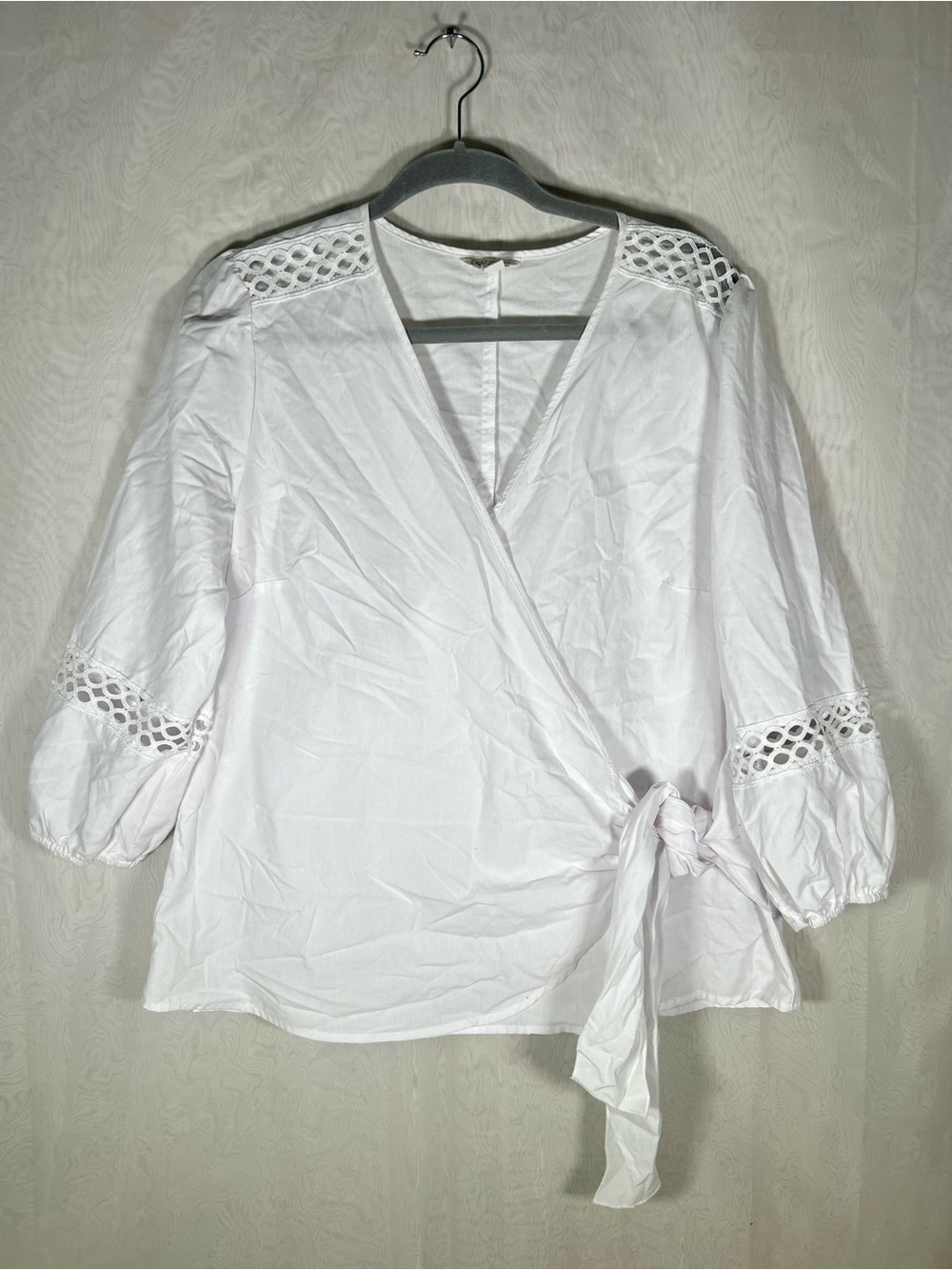 White Cato Eyelet Accent Wrap Blouse L